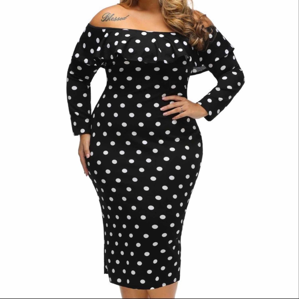 Plus Black Polka Dot Ruffle Off-shoulder Dress